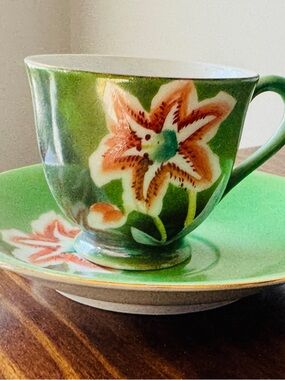 Vintage Green Floral Ceramic Teacup and Saucer - “Made In Occupied Japan”